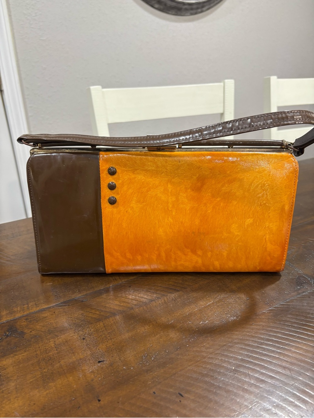 MCM 1960's Two-Tone Orange and Brown Metal close Purse with Stud Accents - Picture 2 of 16